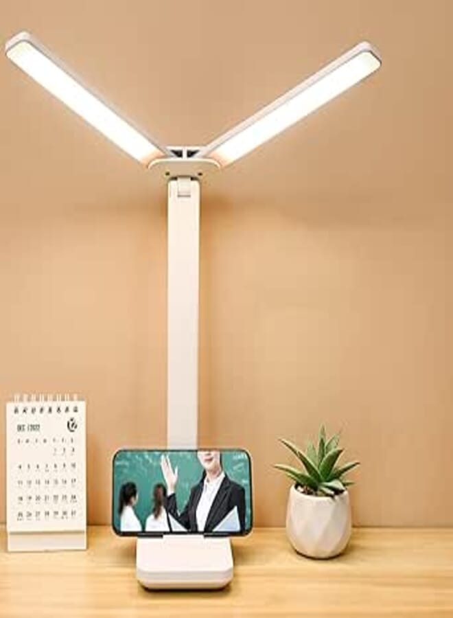 LED Desk Lamp Double Head Dimmable Desk Light Reading Lamp with USB Charging Port, Sensitive Control, 3 Lighting Modes, for Home Office Bedroom Bedside Eye-Caring Office Lamp